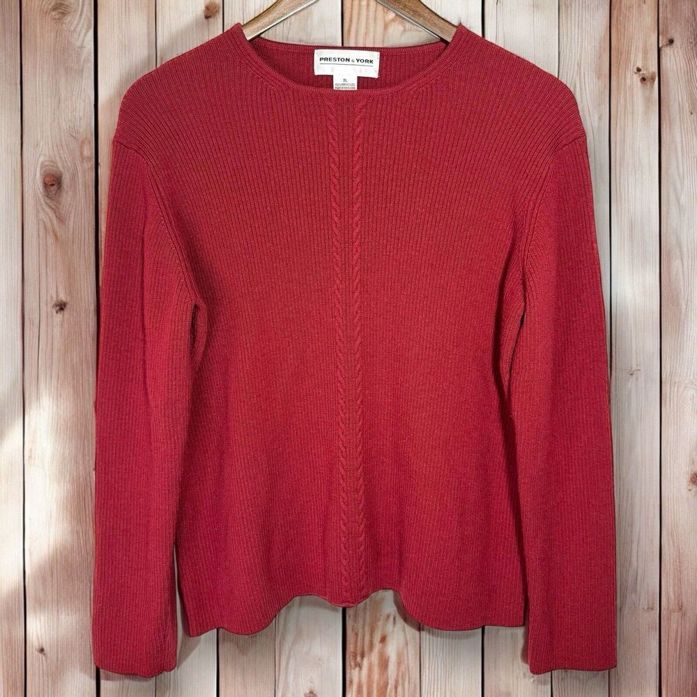 Preston & York Sweater XL 100% Merino Wool Maroon Red Stretch Cozy Cable Knit